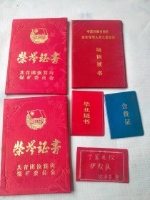 80年代荣誉证书 毕业证书 会费证 培训证书 共青团 汝箕沟煤矿委员会