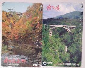 日本电话卡～风景/四季/公园专题~鸣子峡温泉线(鸣子峡游步道)，夏秋，桥（过期废卡，收藏用）