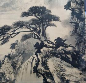 民国作品，董寿平山水人物老品，纸质老旧，有自然霉斑，笔力透纸，纸背效果与正面力度非常好，有较好的收藏价值及历史意义，真伪自辨，，董寿平《山下青松》123cm*55cm，水墨纸本未裱。