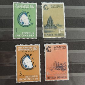 Y303印度尼西亚印尼1963年邮票 太平洋地区旅游大会 新 4全 外国邮票 背贴，一枚有软痕