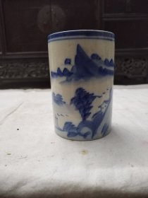 清代青花山水笔筒，全品