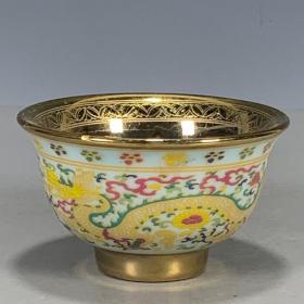 古玩杂项老物件收藏品永乐年间龙凤图案描金彩绘茶碗盏杯全品