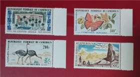 喀麦隆邮票1962年 非洲风情蝴蝶 鸵鸟 风光建筑 4全新雕刻版