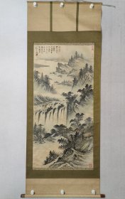 70.80年代左右出口创汇老山水画一幅，超然台，《曲堂风急水横流……钱塘江瀑布》120*60cm，绢本，原装裱立轴。