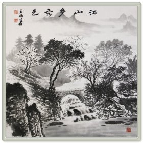 江山多秀色R8758手绘纯墨名家山水画方形国画