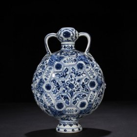 明永乐青花锦缎花卉纹如意耳扁瓶 28*20厘米 1500