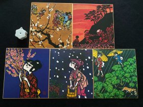 日本舶来 版画人物 色纸镜心 5幅 款：滝平二郎（高清印刷品）