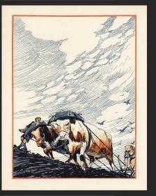 1925年德国木版套色石印版画 耕牛