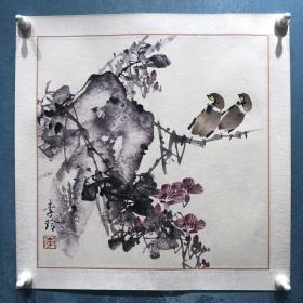 广州美术学院著名画家-李玲花鸟小品1幅。