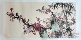 国画 花鸟画 三只鸟 竹子 梅花 已装裱 镜心 135厘米X69厘米