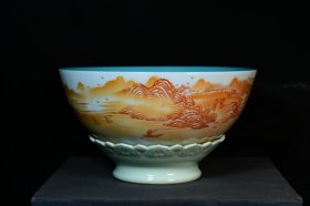 旧藏乾隆年制梵红釉山水人物转心碗,—