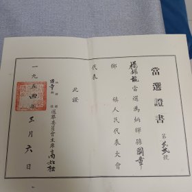 五十年代代表当选证书4张