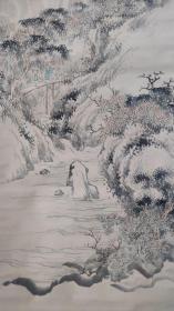 清末日本南画大家福田半香画秋山高士图 纸本淡彩立轴  130*46