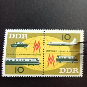 DC 民主德国邮票 1963年 莱比锡秋季博览会.飞机.汽车. 2全 新 瑕疵正面 反光可见