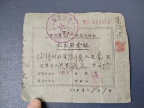 1962年，韩城县供銷合作社 社員股金证 陶渠村社员月貞入股書,股交股金人民币式元￥2㇏ 理事会主任会計 监事会主任发证人