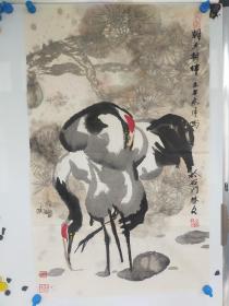 河北画鹤名家 刘启文 国画一副【松龄鹤寿】长96厘米，宽59厘米 中国书画百杰画家 品相较差 有水渍 品相较差
保真包手绘