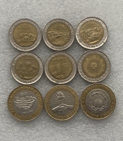 阿根廷双色硬币纪念币9枚套 英阿马岛战争30周年~阿根廷2010年五月革命200周年~独立200周年~太阳神幸运之子(流通品相多套随机发)85品左右