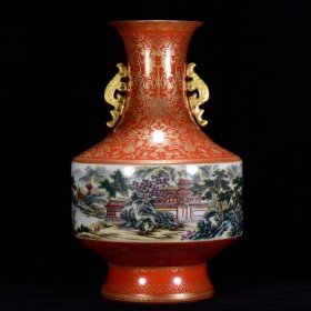 乾隆年矾红色的彩山水楼阁纹描金瓶耳瓶46*27厘米