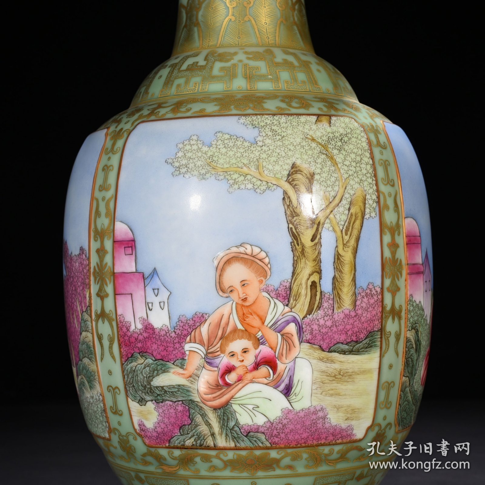 旧藏 清乾隆粉青釉珐琅彩描金西洋人物纹瓶 45*23厘米