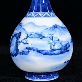 大清雍正年制青花山水纹元明堂款蒜头瓶 高16.3径8厘米2