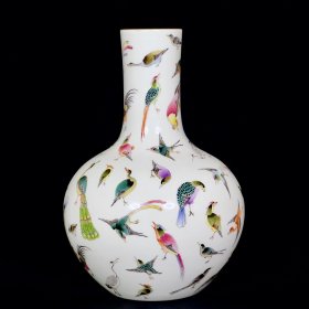 清雍正珐琅彩百鸟纹天球瓶2 33/23厘米