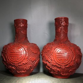 剔红漆器天球花瓶一对 高41厘米 宽30厘米 口径9厘米 重5900克