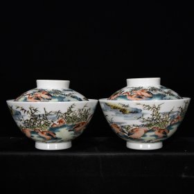 大清雍正年制粉彩矾红飞鸣宿食纹盖碗1对 尺寸9*11.5厘米