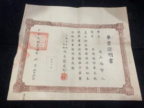 民国34年，上海市私立清心小学毕业证书，校长张蓉珍签名盖章，
