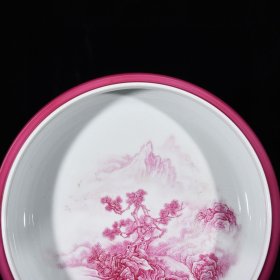 清雍正粉彩胭脂红山水纹洗， 高7厘米 直径24厘米.