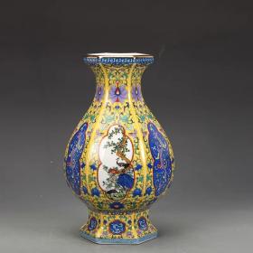 清雍正瓷器珐琅彩花鸟纹六方瓶 瓷器