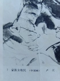 70年代已故著名国画家,中央美术学院教授——卢沉，印刷正,背面中国画作品——正面;蒙族女牧民，画长20.6宽16.5Cm，背面: 由已故著名油画家，澳洲皇家艺术学院院士——杨鸣山1976年7月作品油画——维吾尔族女教员，画长22.4宽16.4Cm，实物拍照，见附图照片所示，按附图照片发货。