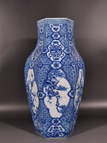 清乾隆青花团寿铜钱边开窗花鸟六方瓶