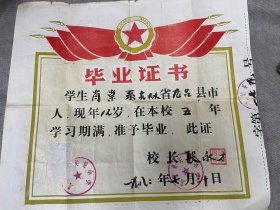 1982年九台县实验小学毕业证书