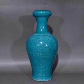 大明弘治蓝釉暗刻花卉蒜头瓶（27×13cm）
