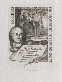 OSWIN VOLKAMER～世界名人约翰·沃尔夫冈·冯·歌德（Johann Wolfgang von Goethe，1749年8月28日—1832年3月22日），出生于美因河畔法兰克福，德国著名思想家、作家、科学家，他是魏玛的古典主义最著名的代表。 版画藏书票原作