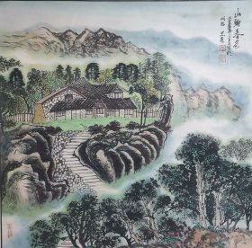 谭忠荣 纯手绘九十年代手工装裱原装原裱绫裱画得不错的四尺斗方山水画立轴一幅，画心尺寸68*68厘米