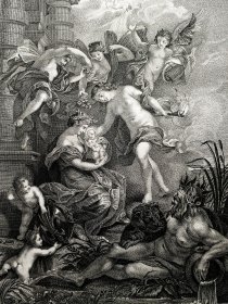 【鲁本斯】1846年铜版画№5《王后降生》(LE NAISSANCE DE LA REINE)--出自保罗·鲁本斯（Paul Rubens)“玛丽・德・美第奇”系列作品集-雕刻家(Philippe Benoist)-特厚画纸51.5*33.8cm(画面21.5*16.5) ，8品