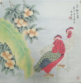 大吉图工笔花鸟斗方