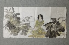 四川著名画家 孔老师无款国画软片 国画人物仕女图 手绘原稿真迹 旧国画软片尺寸98*49厘米