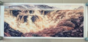 黄河，黄河之水天上来，黄河流水生财，大水大财，宝地生金的感觉，很有意境，构图非常漂亮，写意画法，皴法点染，纯手绘作品，终身保真，假一赔万，辽宁省美协孔令志老师的原创大作，实际画的比照片拍出来要漂亮的多，笔法苍劲有力，浓淡干湿焦，行云流水。尺寸2.4米×1米，8尺整张的，家里客厅，沙发背景墙，书房，茶室，办公室，大厅都可悬挂，闭眼入，真的非常好看，这幅画的构图画的非常细，流水生财，宝地生金。