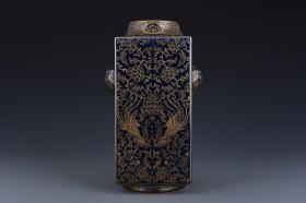 清光绪祭蓝釉描金凤凰牡丹纹琮式瓶 古玩古董古瓷器老货收藏30×18厘米