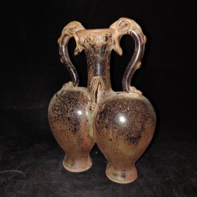 古玩瓷器，旧藏单色釉乌金釉双胞胎双龙瓶