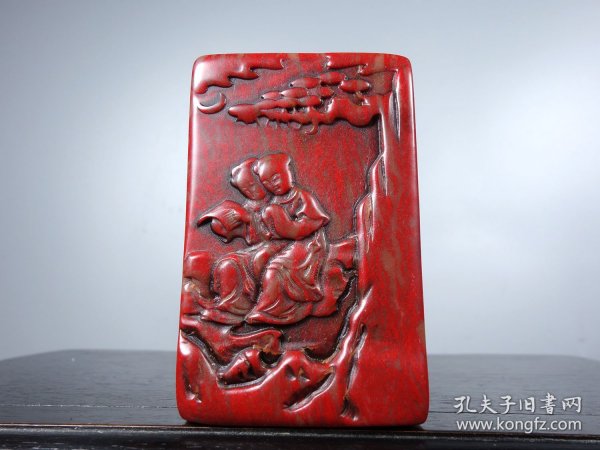 旧藏鸡血石精工雕刻 三娘教子 印章 尺寸：长5cm宽1.8cm高8cm 重量：150g