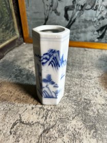 老青花手绘六方小笔筒y