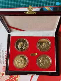 中国各种金鱼纪念章，24K镀金，一套四枚，上海造币厂早期铜章