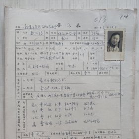 1977年教师登记表 魏明珍 工农民办小学 /东风 人民公社工农大队5队 贴有照片