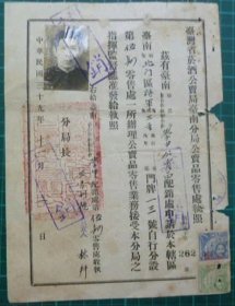 1950年 台灣省菸酒公賣局公賣品零售處執照（有印花）