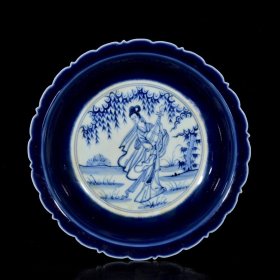 明永乐郑和赏赐款祭蓝釉青花人物四大美女纹盘子一套