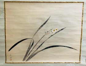 回流水墨水仙，装裱非常讲究，叶子画的细腻柔软，茶挂佳品，年代久远。