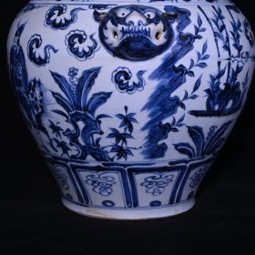 旧藏 元代青花唐太宗人物故事纹狗头罐一对 高39x38厘米